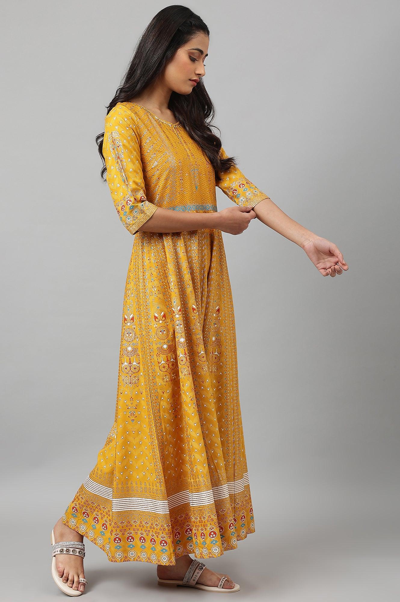 Mustard Floral Printed Kalidar Dress - wforwoman
