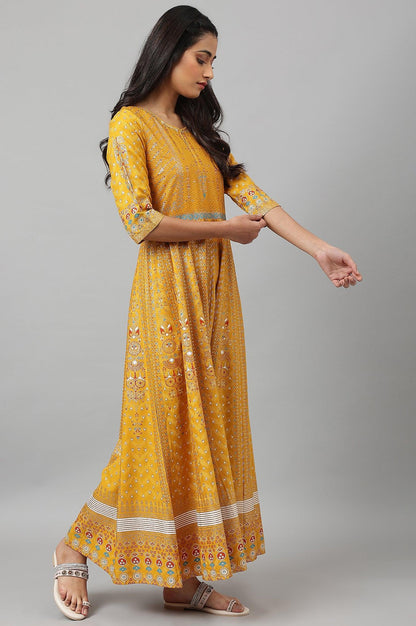 Mustard Floral Printed Kalidar Dress - wforwoman