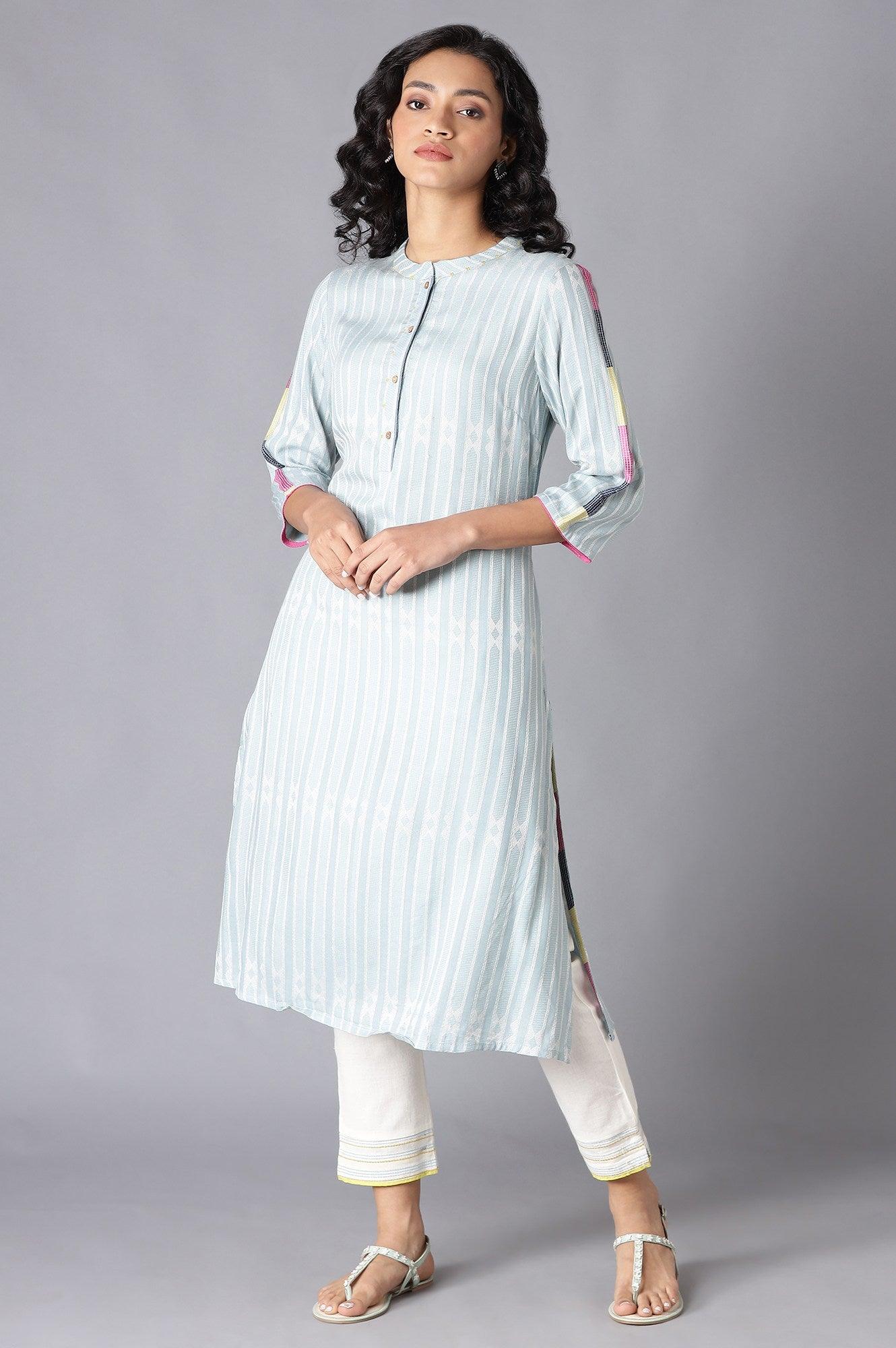 Light Blue Yarn-Dyed Straight kurta - wforwoman