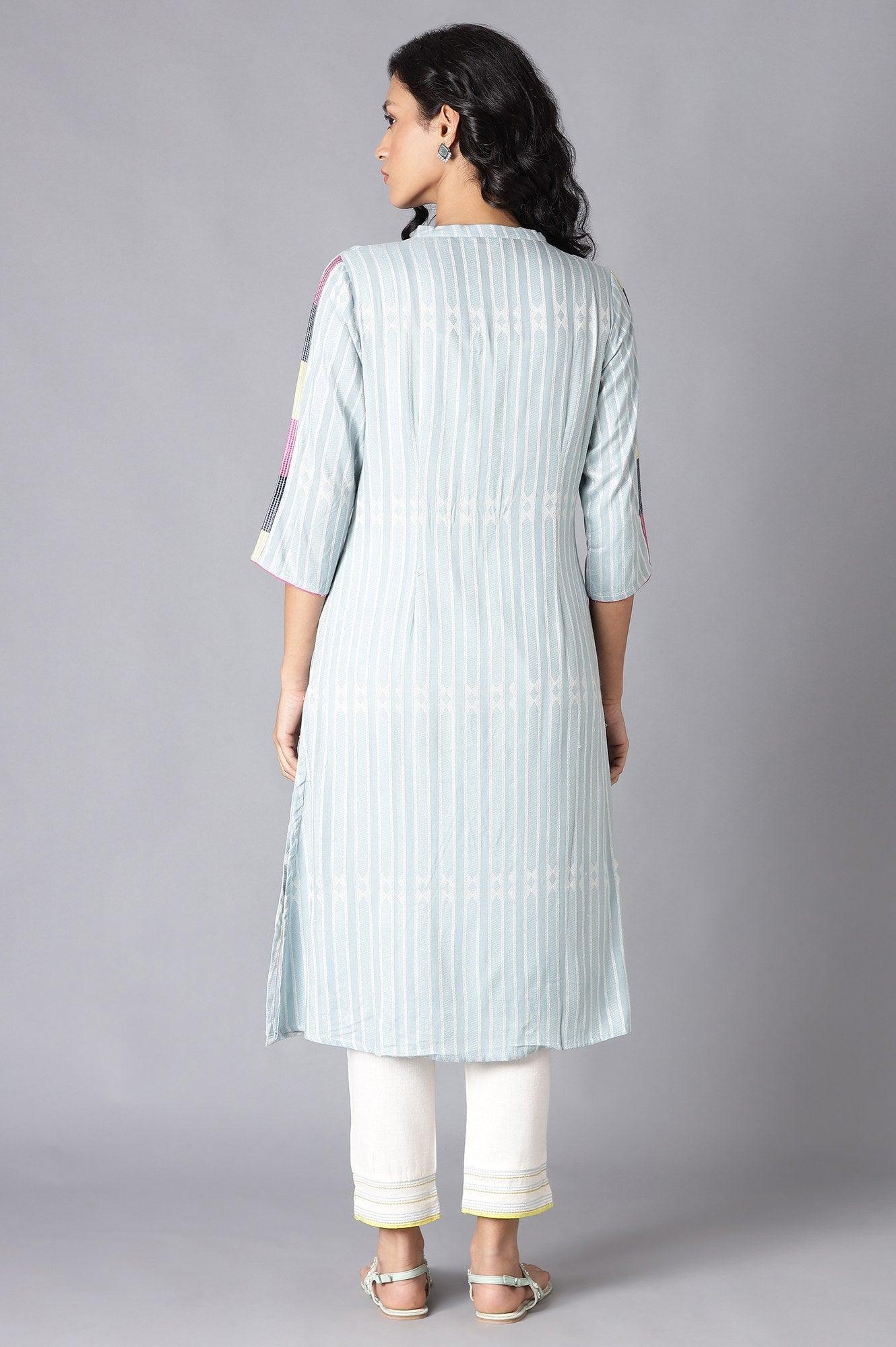 Light Blue Yarn-Dyed Straight kurta - wforwoman