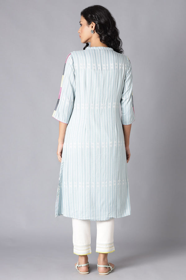 Light Blue Geometric Printed Rayon Dobby Straight Kurta with Slim Pant Set