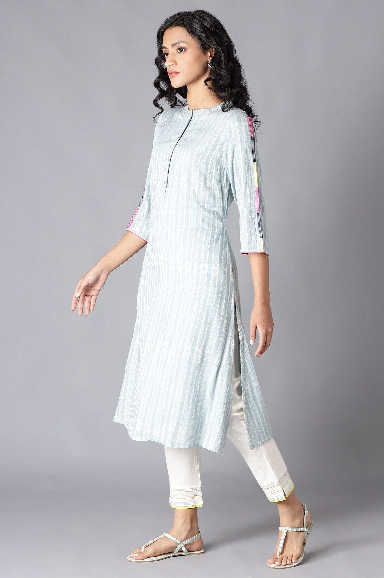 Light Blue Yarn-Dyed Straight kurta - wforwoman