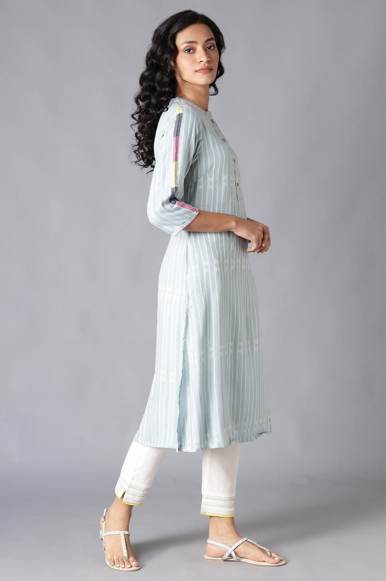 Light Blue Yarn-Dyed Straight kurta - wforwoman