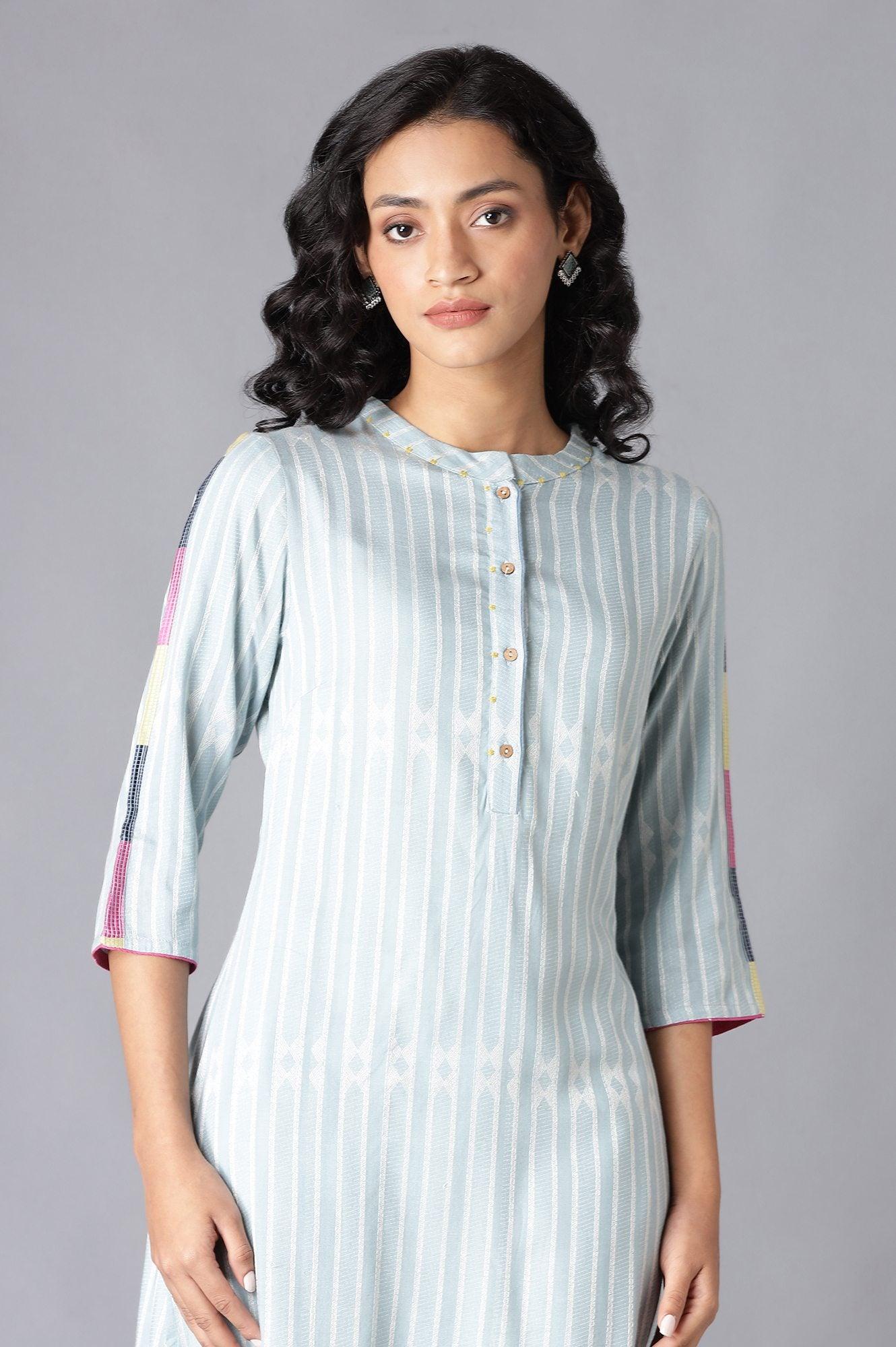 Light Blue Yarn-Dyed Straight kurta - wforwoman