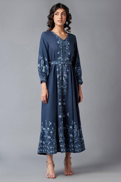Navy Blue Printed Dress - wforwoman