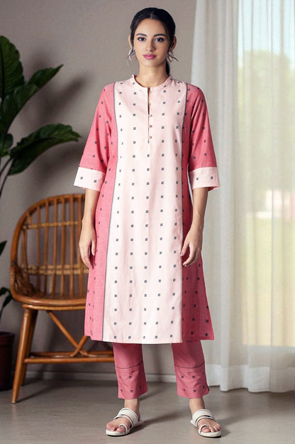 Light Red Printed with Chawal Taka Detail Rayon Dobby Straight Kurta in Band Collar
