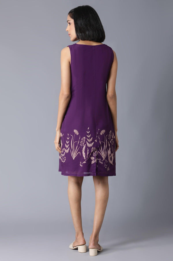 Purple Floral Print Sleeveless Dress In Round Neck