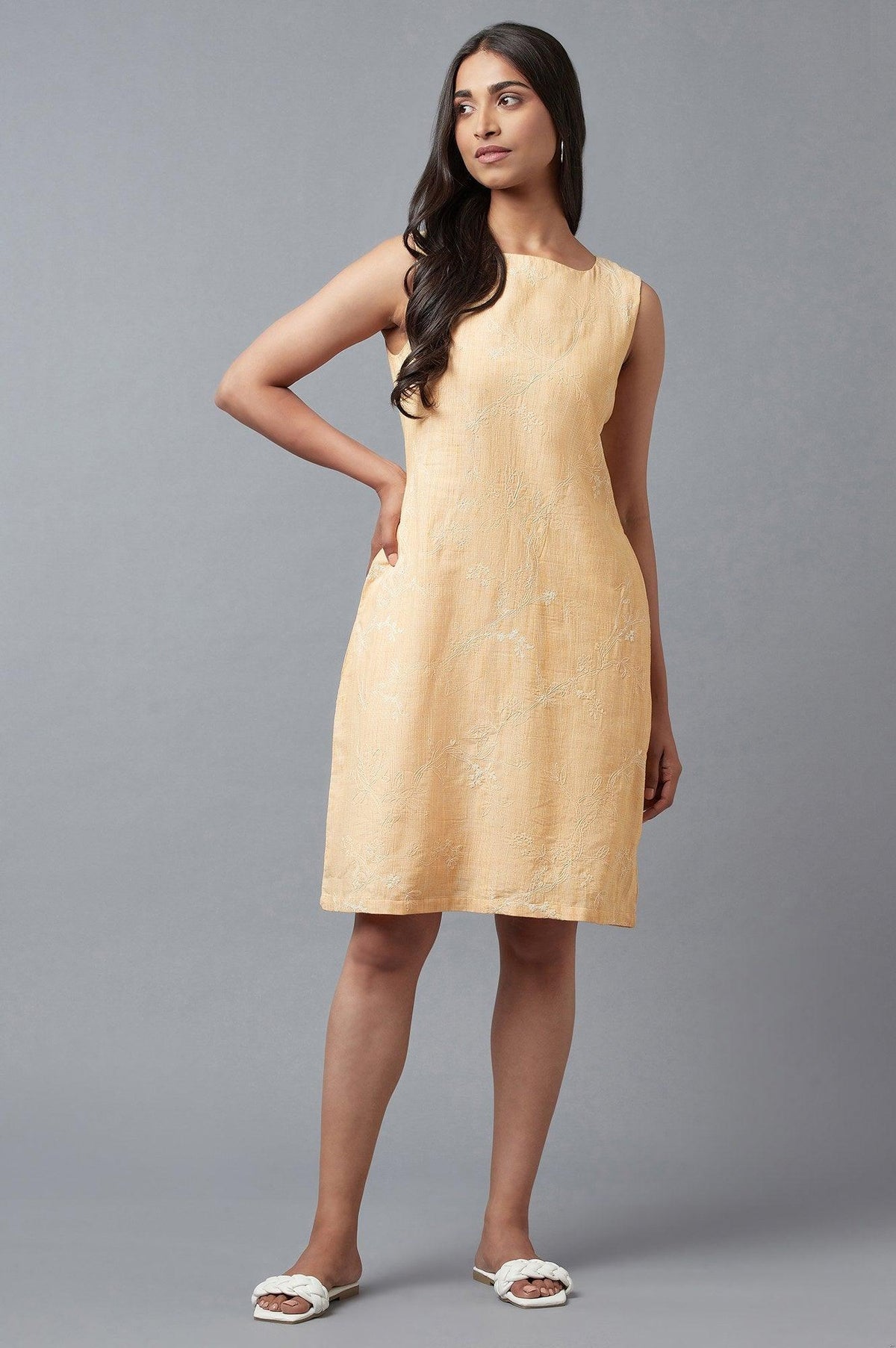 Light Orange Floral Printed Pure Cotton Sleeveless Flared Dress - XS