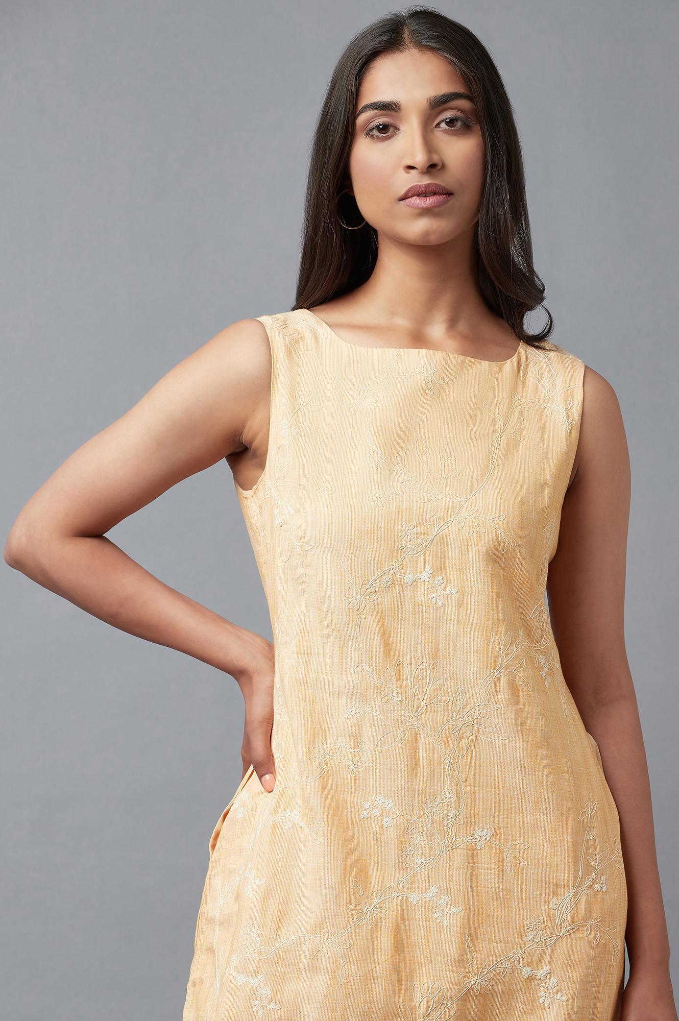 Light Orange Cotton Sleeveless Dress With Floral Print - wforwoman