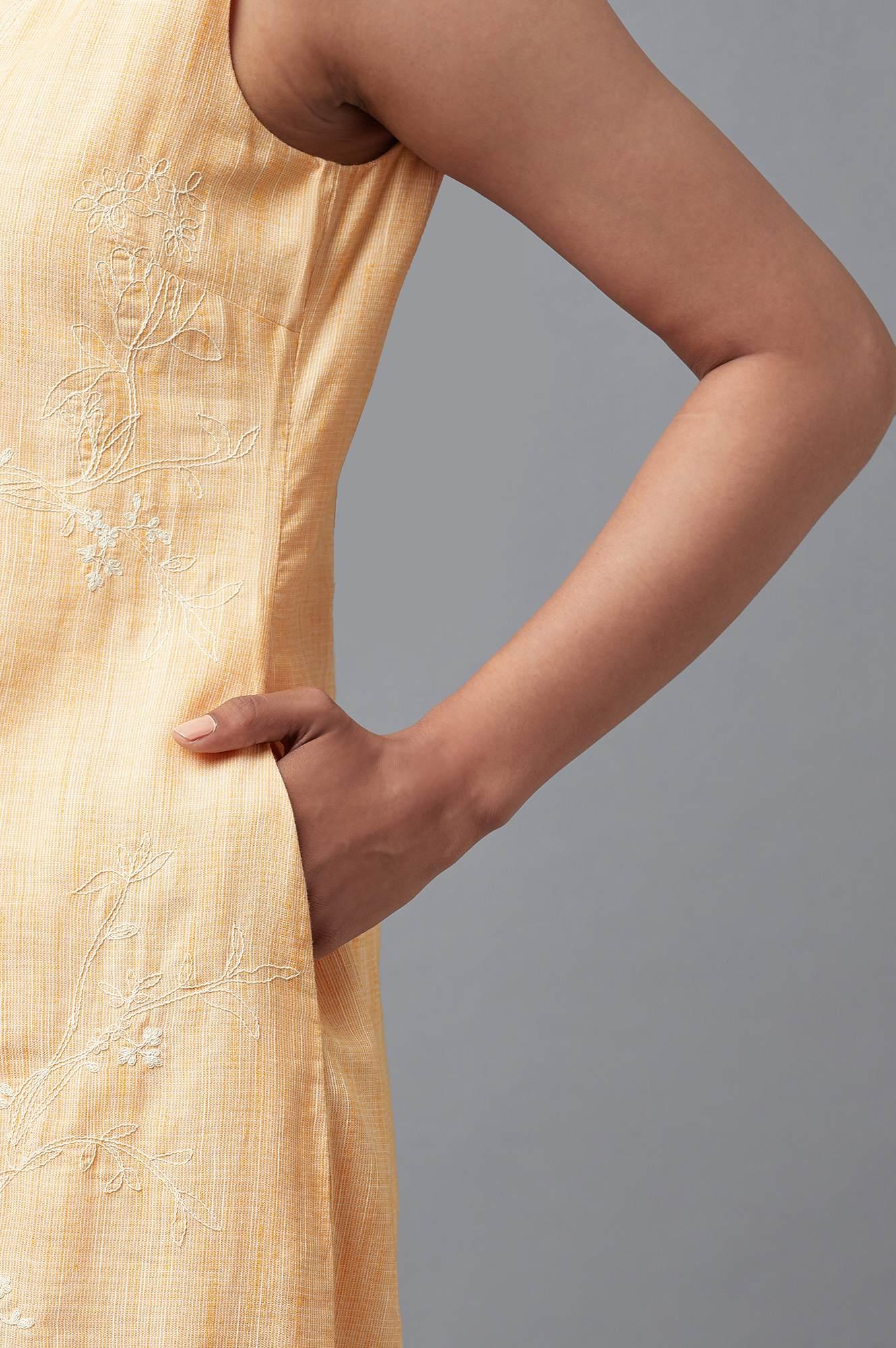 Light Orange Cotton Sleeveless Dress With Floral Print - wforwoman