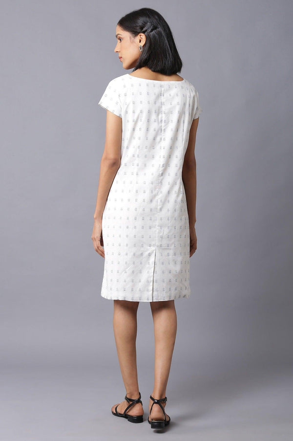 Ecru Solid Cotton Dobby Textured Dress In Round Neck