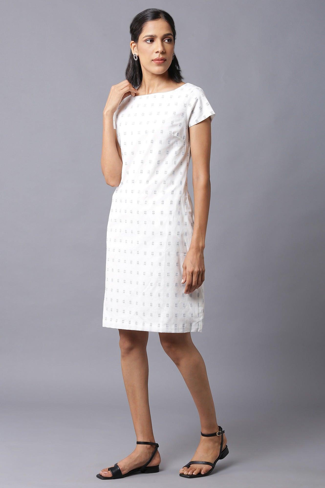 Ecru Solid Cotton Dobby Textured Dress In Round Neck - wforwoman