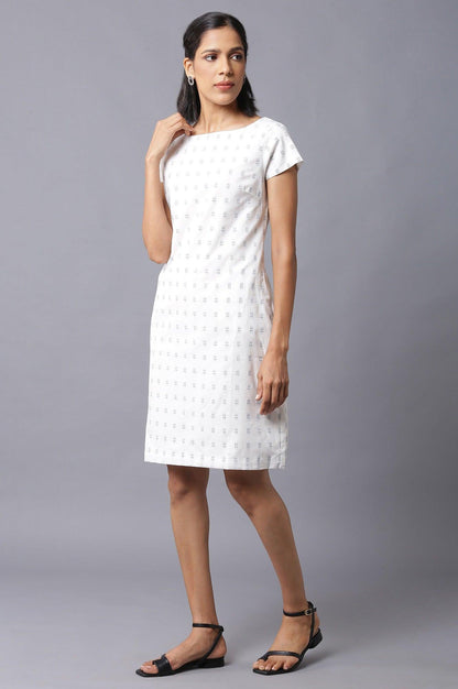 Ecru Solid Cotton Dobby Textured Dress In Round Neck - wforwoman