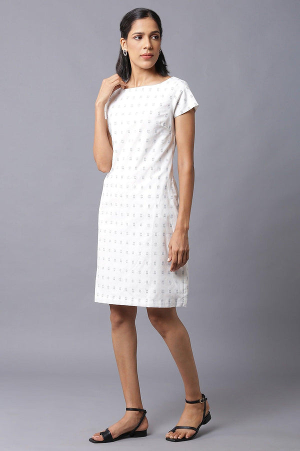 Ecru Solid Cotton Dobby Textured Dress In Round Neck
