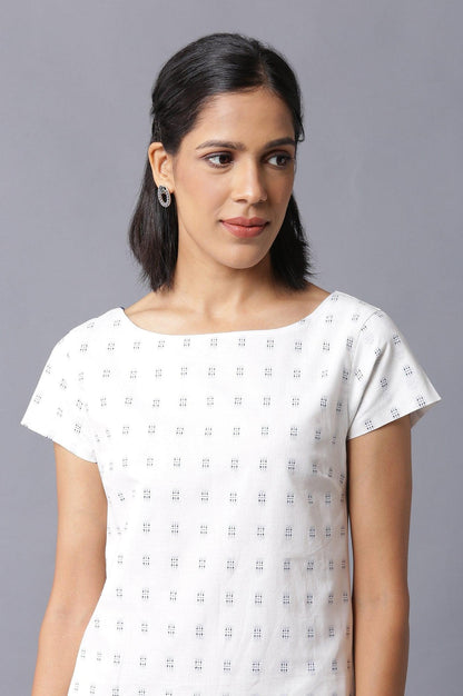 Ecru Solid Cotton Dobby Textured Dress In Round Neck - wforwoman