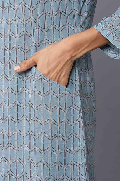 Light Teal Georgette Printed Dress With Cut Out Sleeves - wforwoman