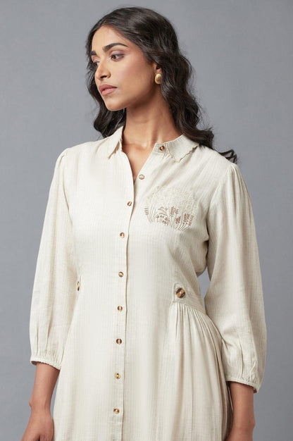 Beige Solid Straight Dress With Thread Embroidery - wforwoman