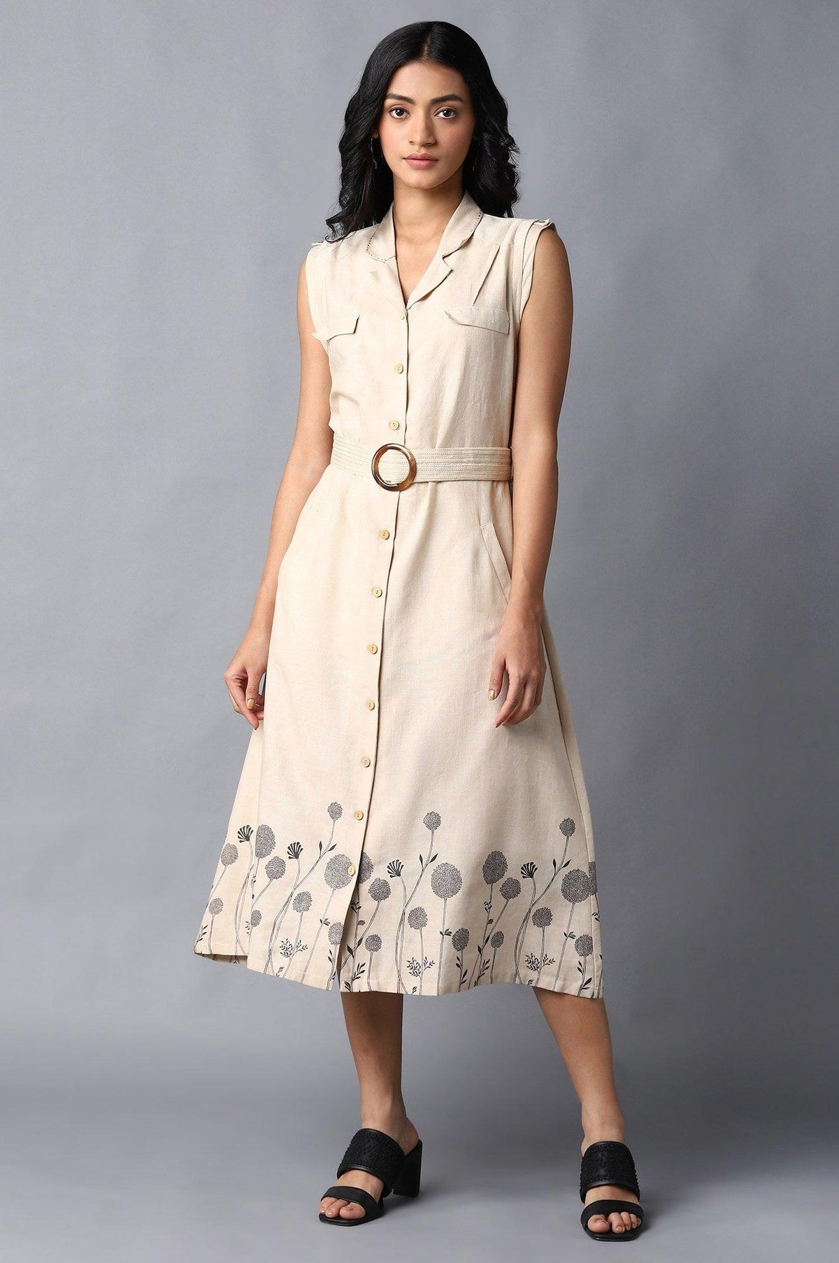 Beige Solid Pure Cotton Lapel Collar A-Line Dress - XS