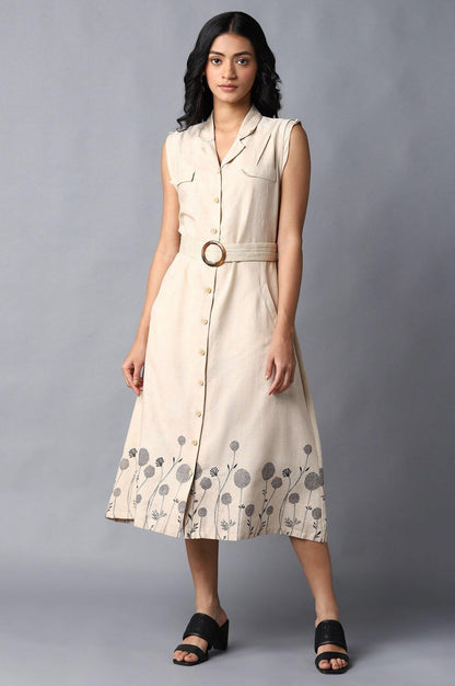 Beige A-Line Cotton Dress In Lapel Collar - wforwoman