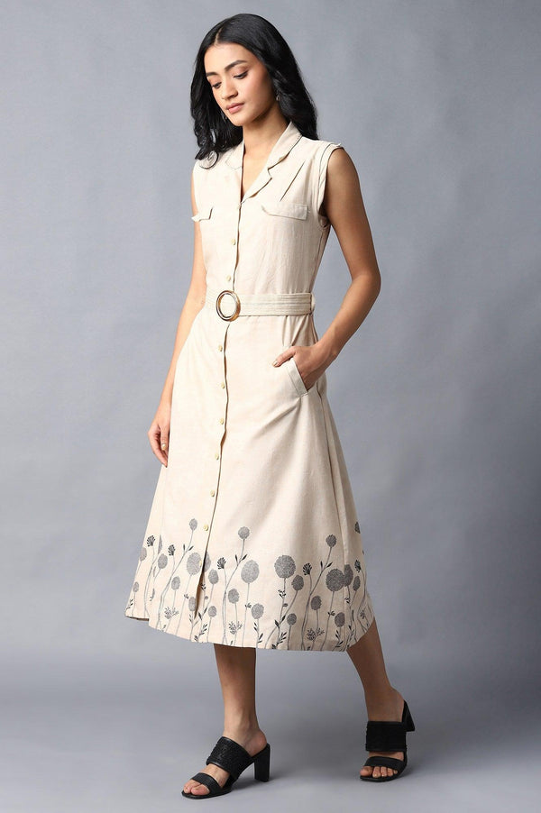 Beige Solid Pure Cotton Lapel Collar A-Line Dress