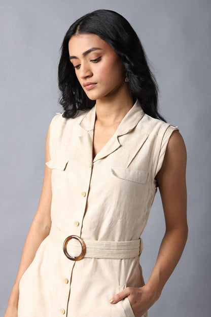 Beige A-Line Cotton Dress In Lapel Collar - wforwoman