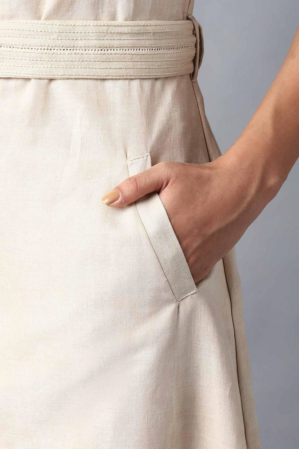 Beige Solid Pure Cotton Lapel Collar A-Line Dress