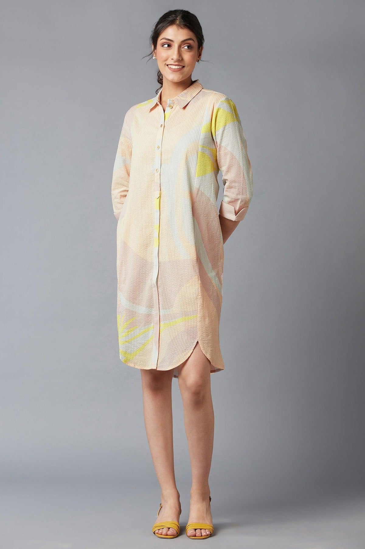 Coral Floral Print Cotton Shirt Dress - XS
