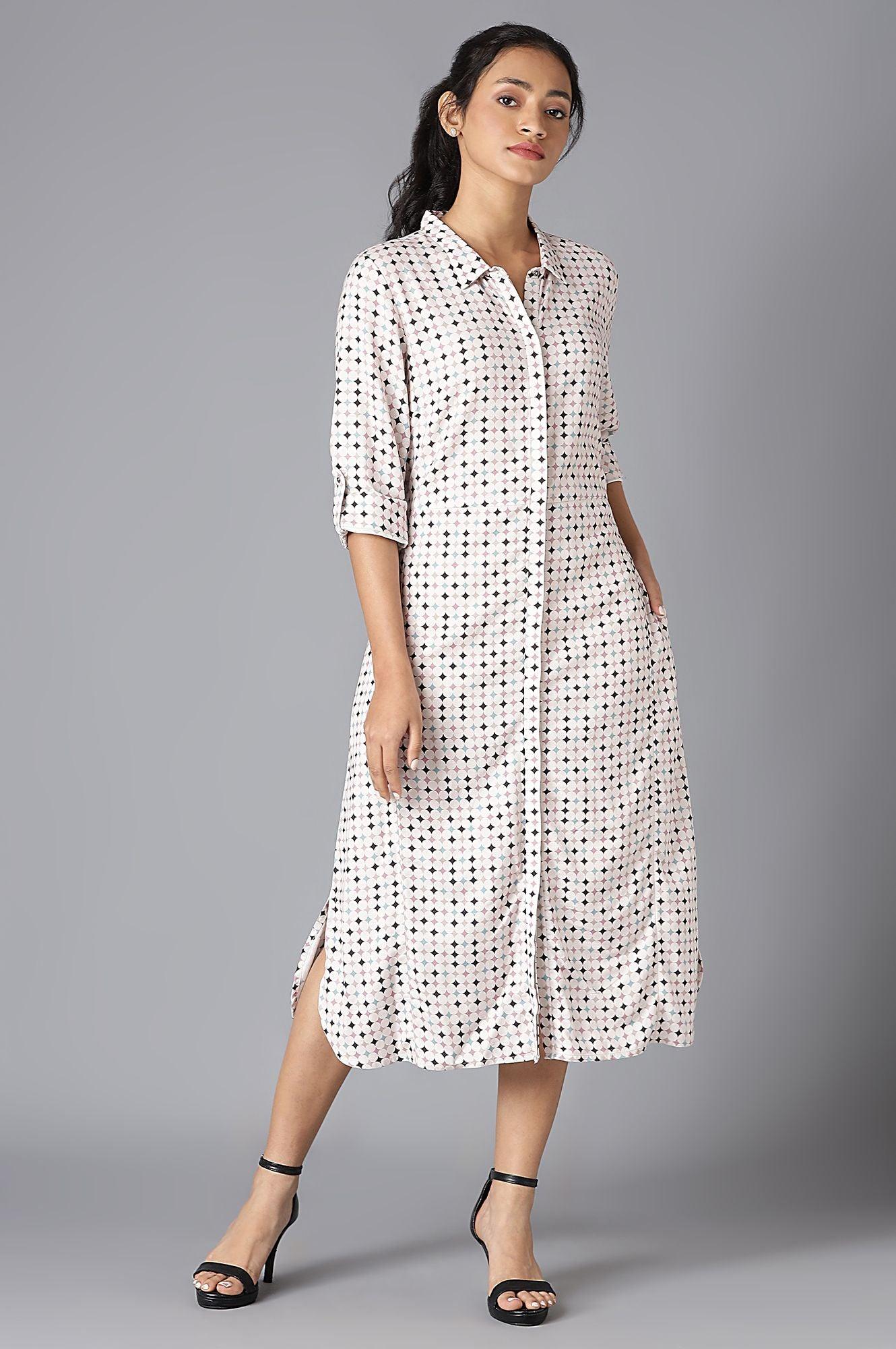 Light Pink Geometric Print Shirt Dress - wforwoman