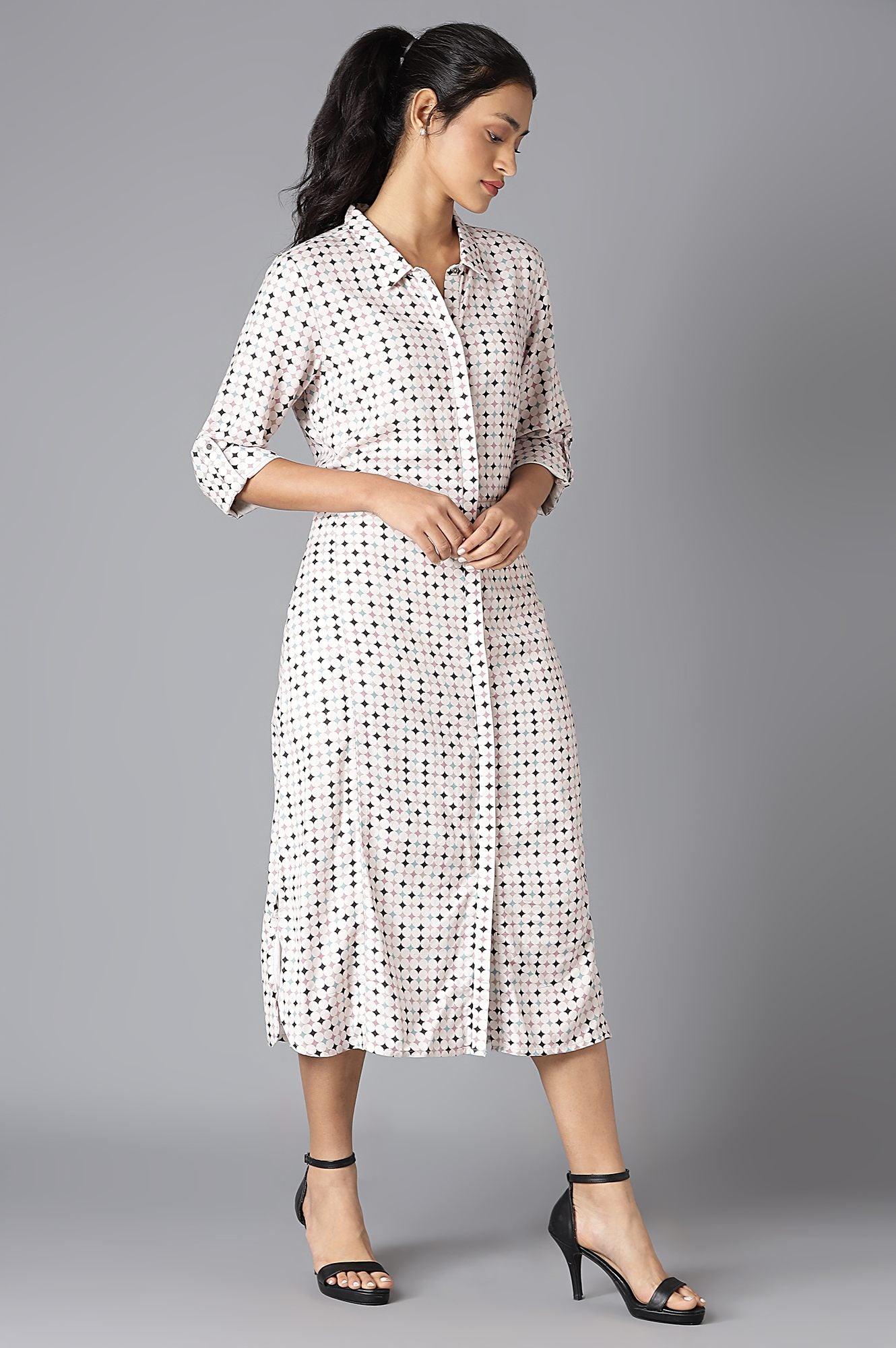 Light Pink Geometric Print Shirt Dress - wforwoman
