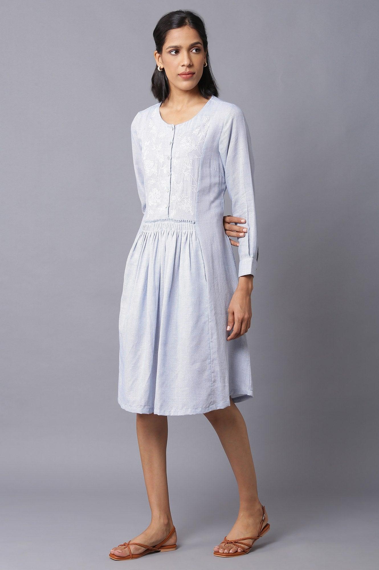 Blue Checker Embroidered Cotton Dress - wforwoman