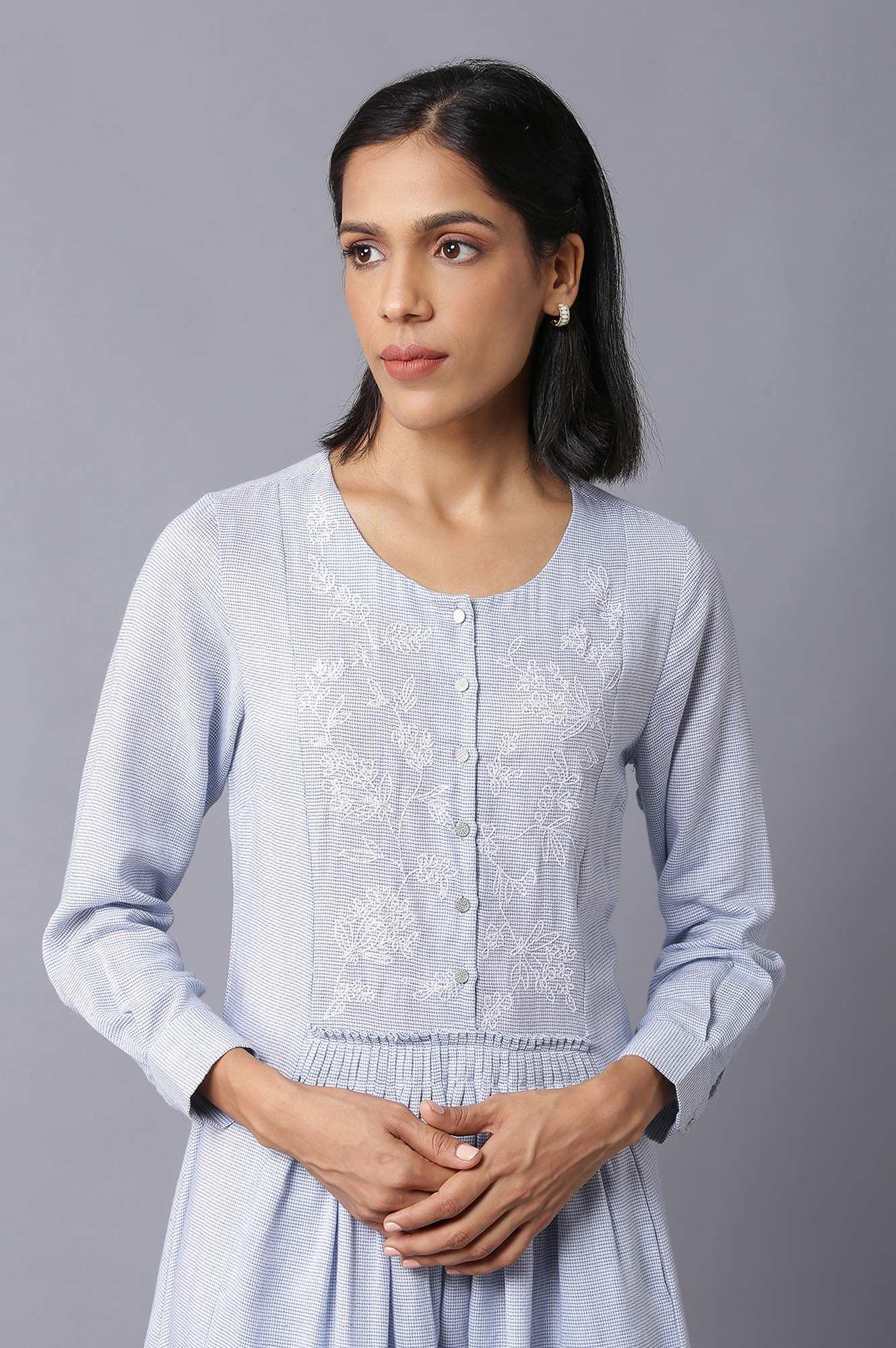 Blue Checker Embroidered Cotton Dress - wforwoman