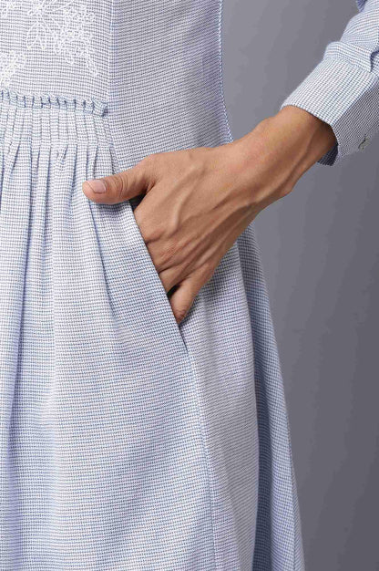 Blue Checker Embroidered Cotton Dress - wforwoman