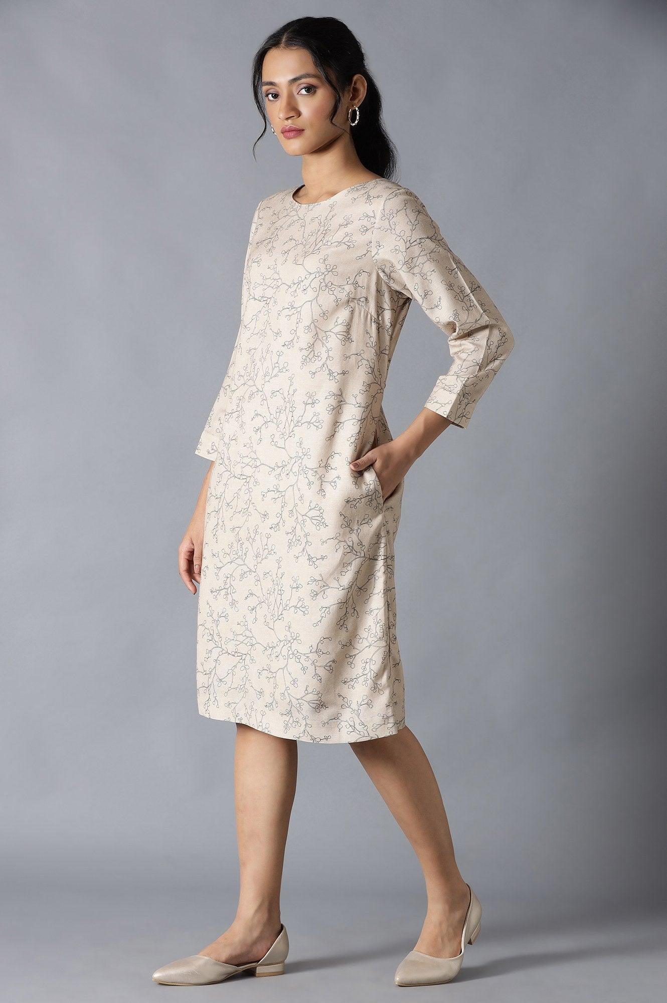Light Brown Flora Print Dress In Round Neck - wforwoman