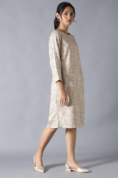 Light Brown Flora Print Dress In Round Neck - wforwoman