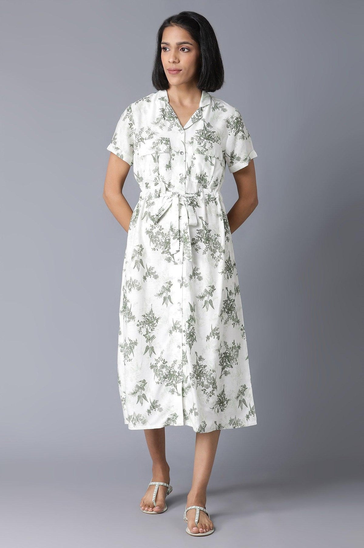 Ecru Floral Print Lapel Collar Dress - XS