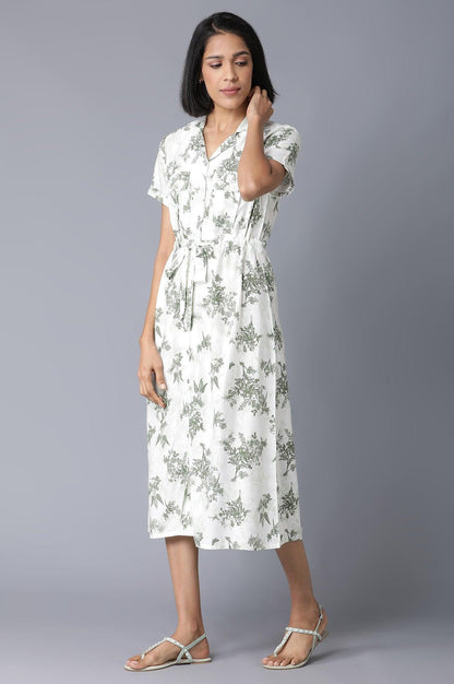Ecru Floral Print Lapel Collar Dress - wforwoman