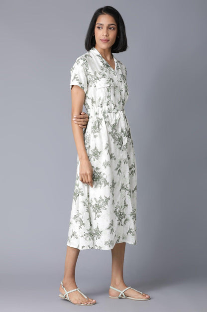 Ecru Floral Print Lapel Collar Dress - wforwoman
