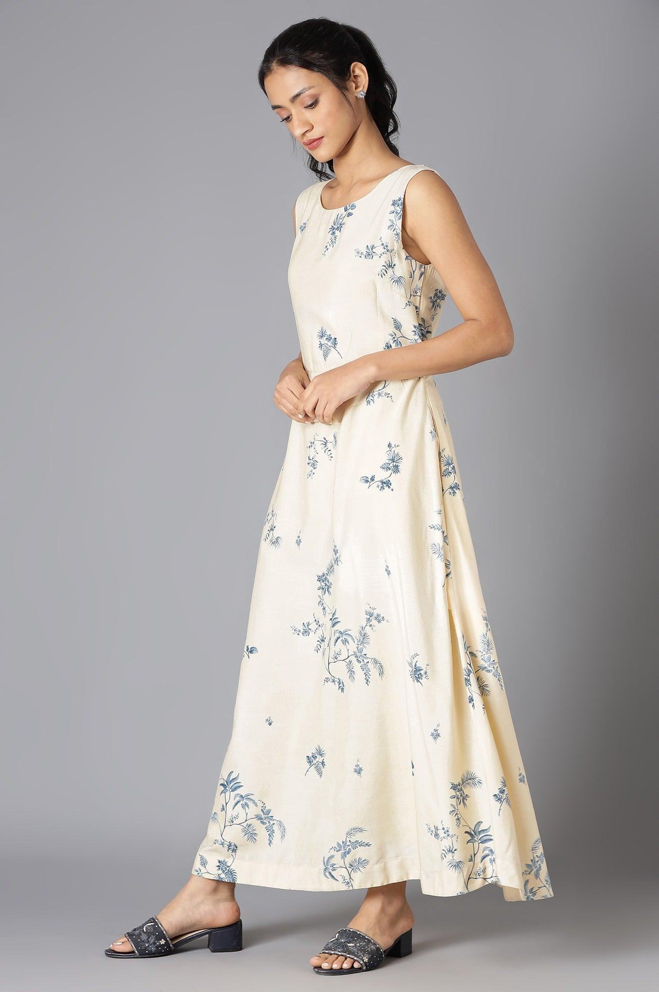 Ecru Floral Sleeveless Dress In Round Neck - wforwoman