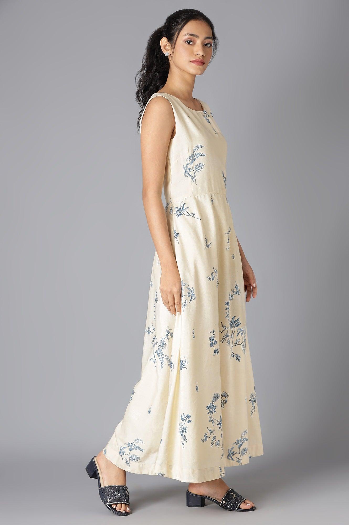 Ecru Floral Sleeveless Dress In Round Neck - wforwoman