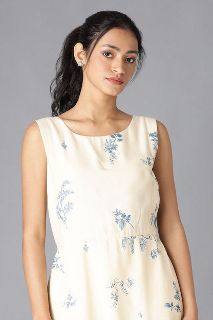 Ecru Floral Sleeveless Dress In Round Neck - wforwoman