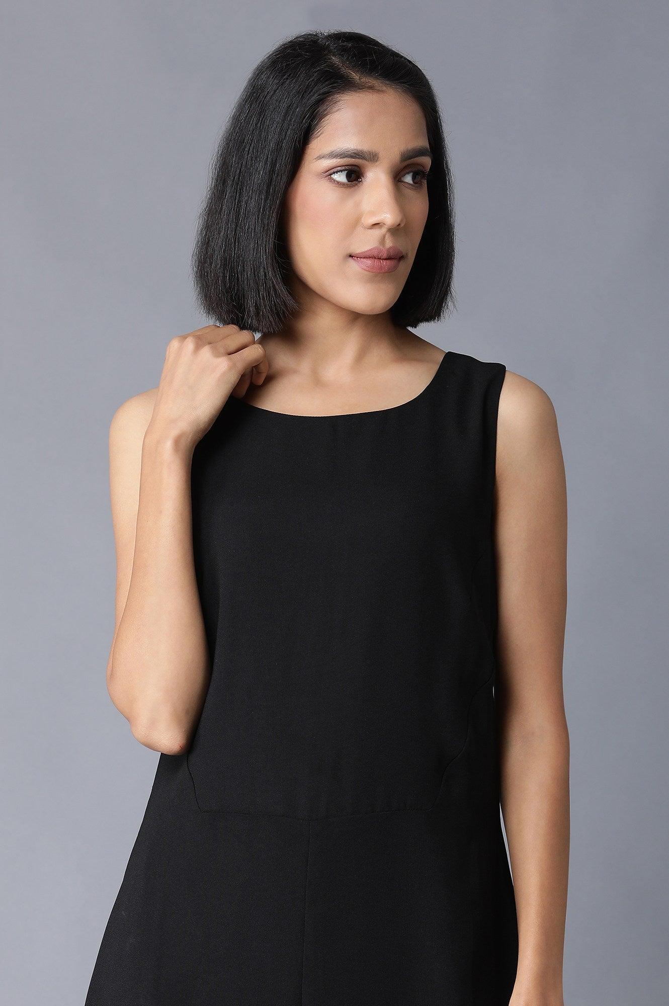 Black Sleeveless Embroidered Dress In Round Neck - wforwoman