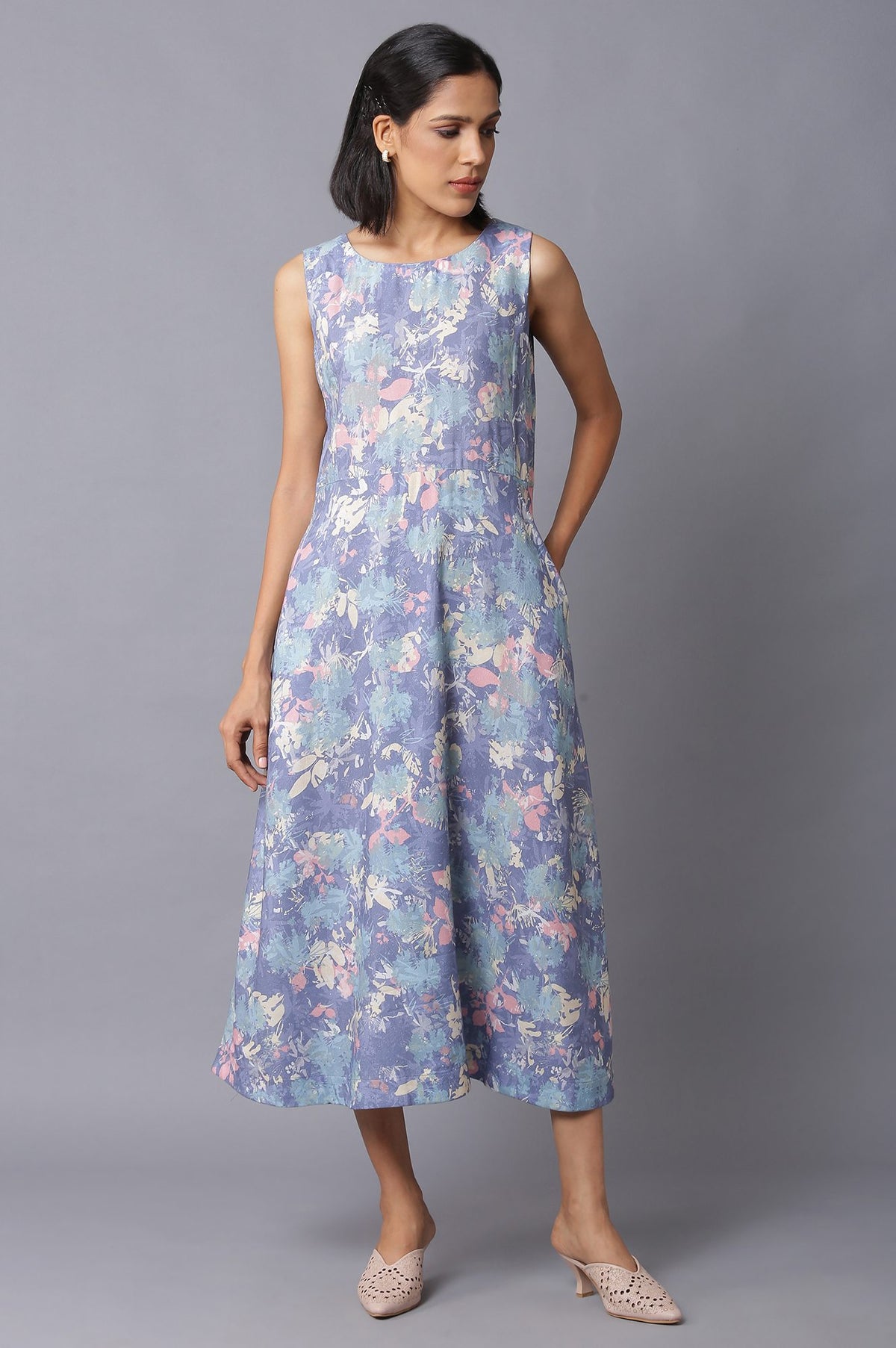 Blue Floral Print Sleeveless Western Dress - XS