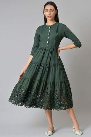 Green Cotton Schiffli Tiered Dress
