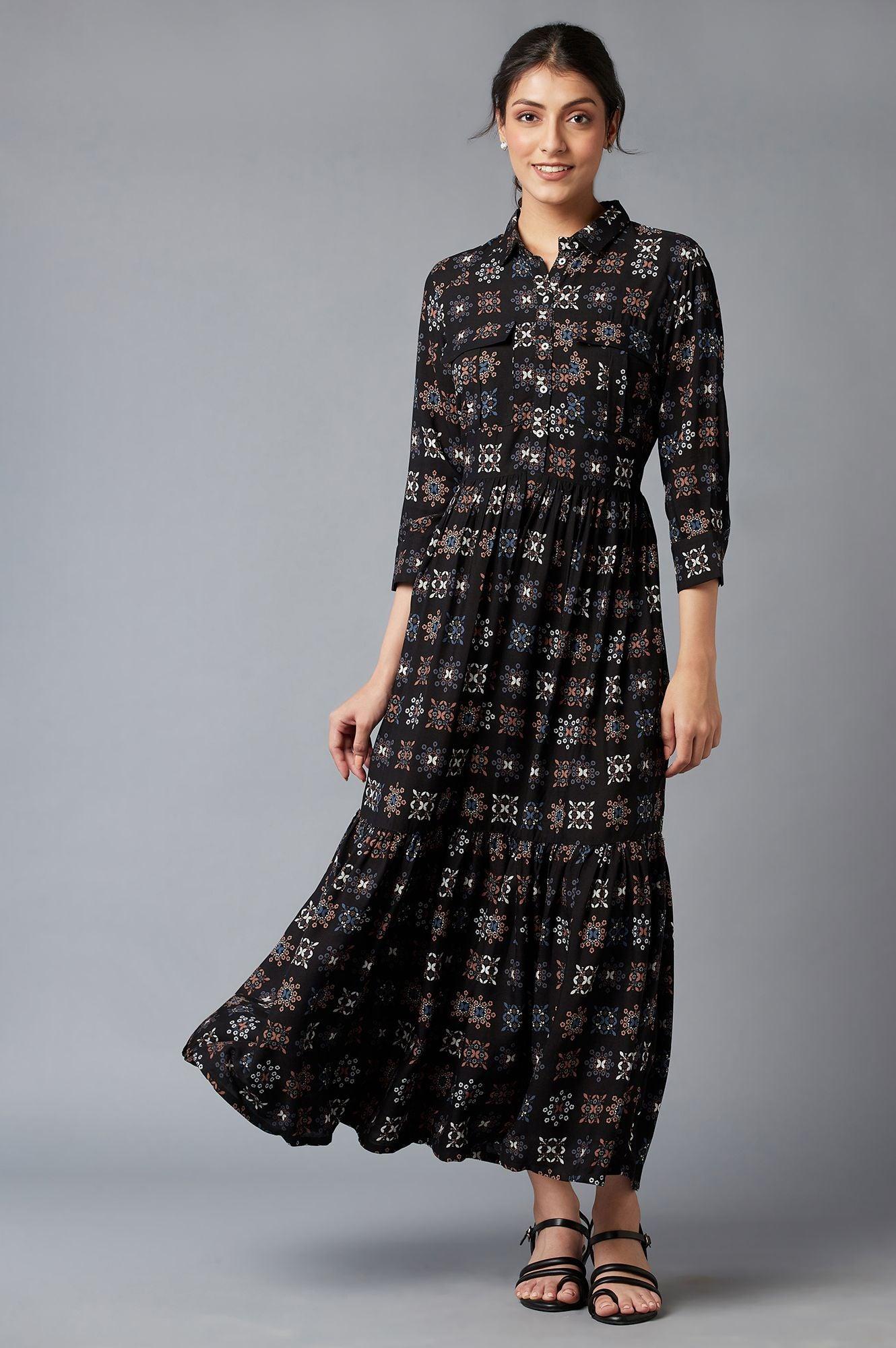 Black Printed Shirt Collar Maxi Dress - wforwoman
