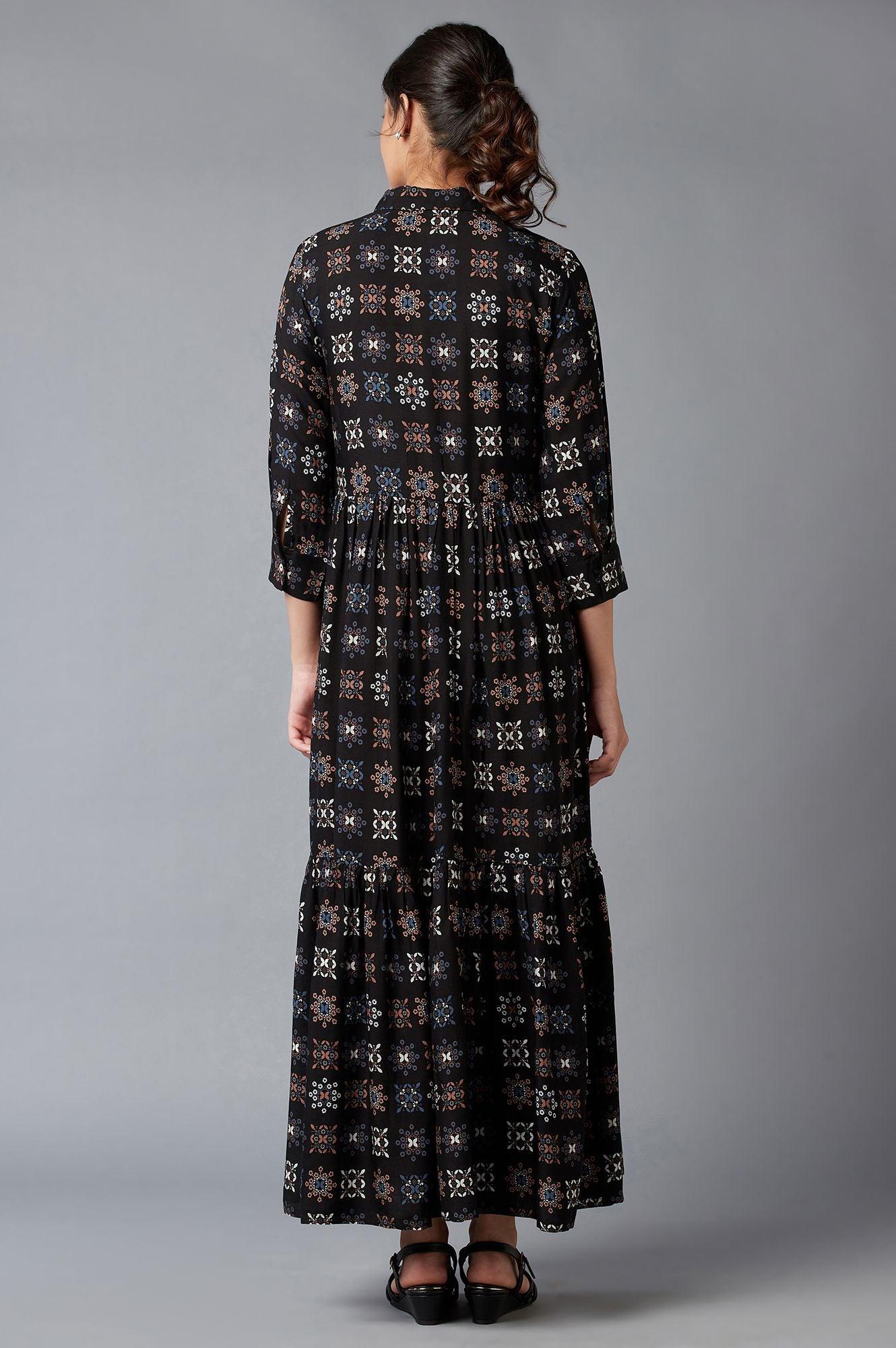 Black Printed Shirt Collar Maxi Dress - wforwoman