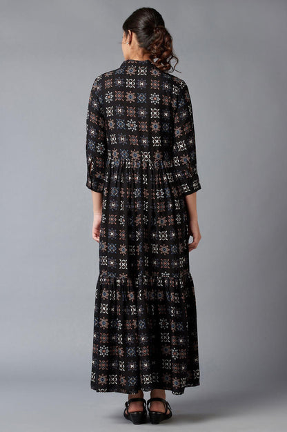 Black Printed Shirt Collar Maxi Dress - wforwoman