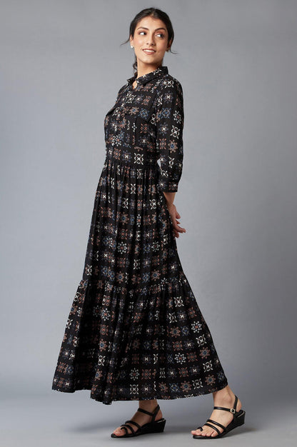 Black Printed Shirt Collar Maxi Dress - wforwoman