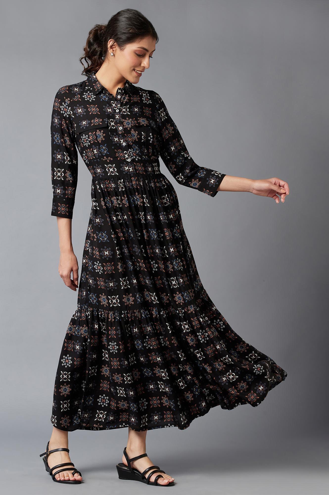 Black Printed Shirt Collar Maxi Dress - wforwoman