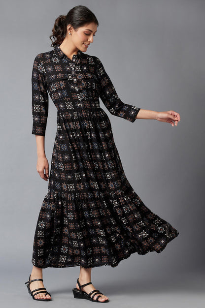 Black Printed Shirt Collar Maxi Dress - wforwoman