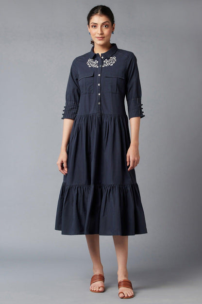 Navy Blue Embroidered Cotton Dress - wforwoman